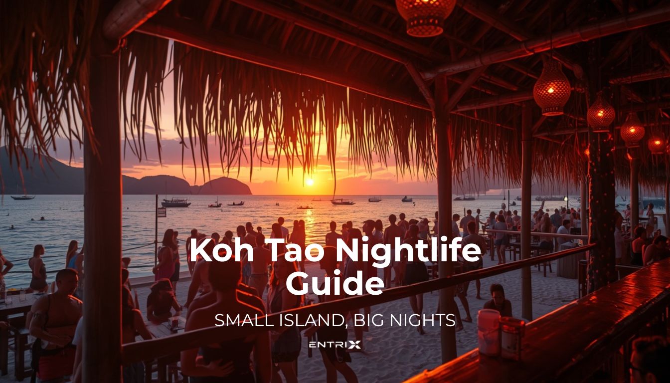 Sairee Beach at night with beach bars and open-air parties on Koh Tao