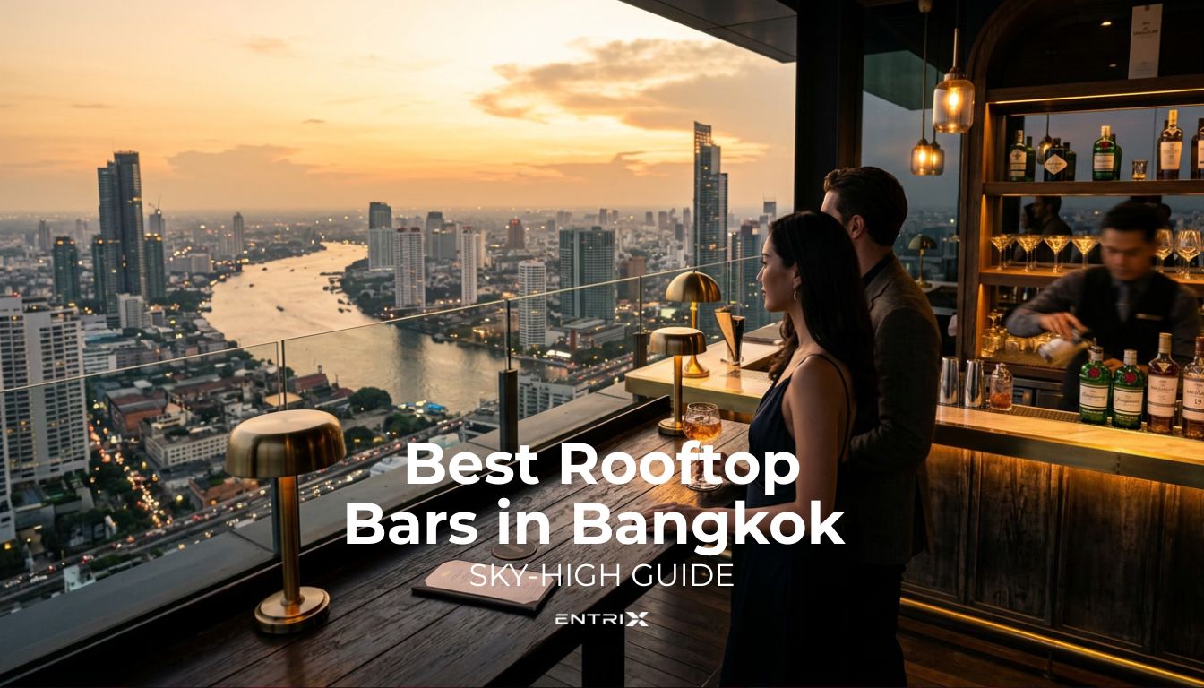 Rooftop bar in Bangkok at sunset with panoramic skyline views